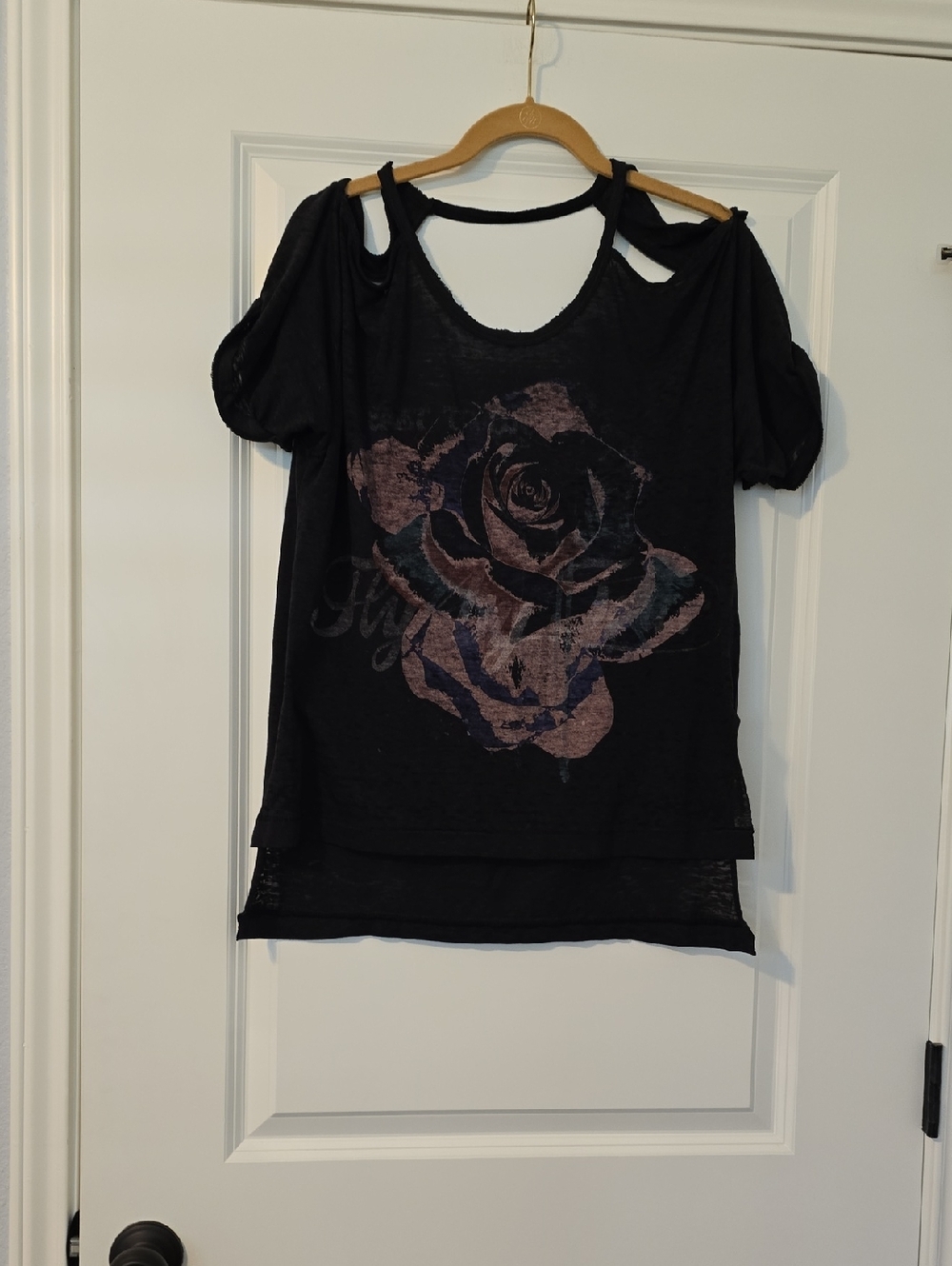 We The Free Black Cutout Rose Graphic Short Sleeve Top Size XS